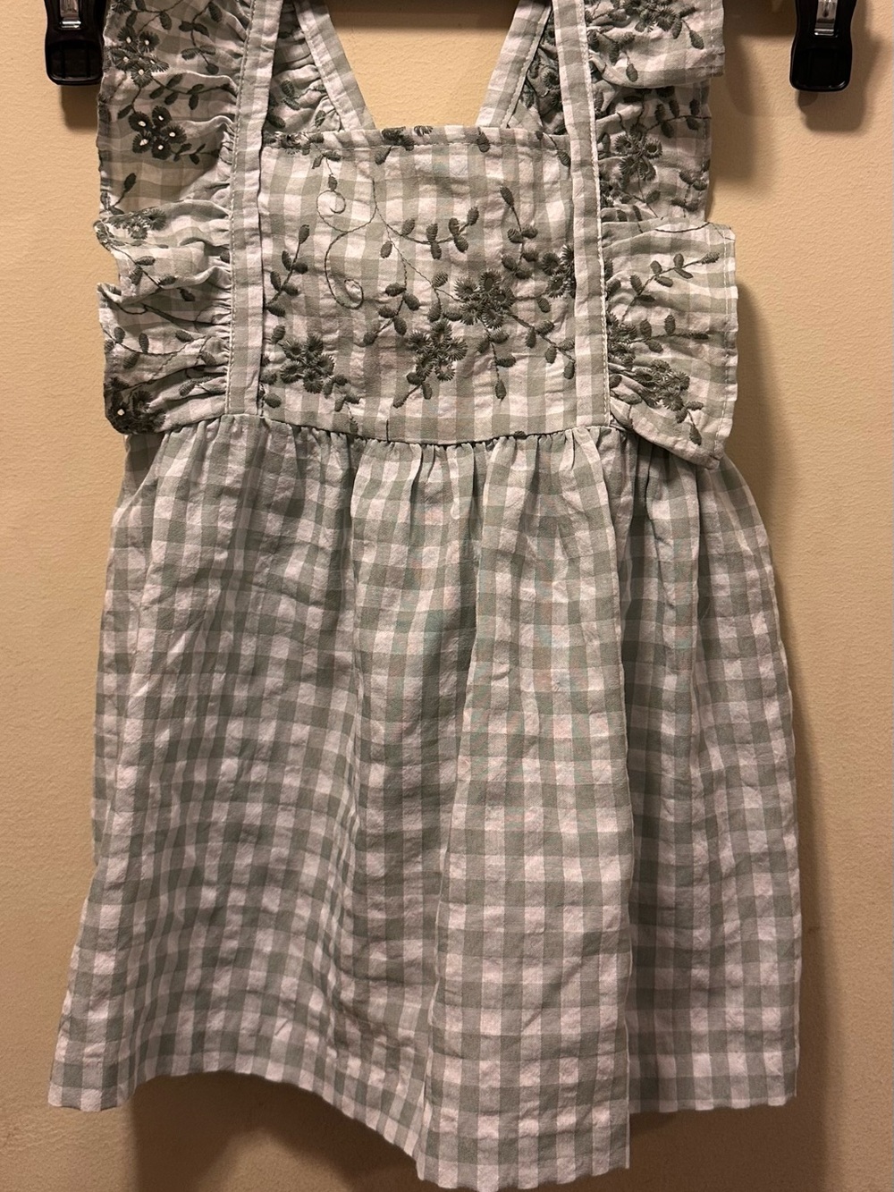 NEW. Bonnie Jean Mint Green and White Gingham Dress with Floral Embroidery